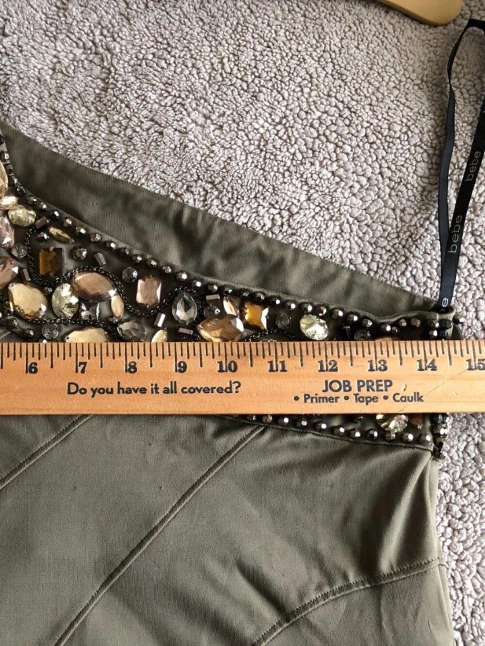 Y2K-Bebe Olive Green Dramatic Beaded w/Crystals 1 Shoulder - Picture 4 of 16